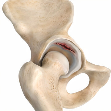 Hip joint labral tear and socket instability in photorealistic 3D anatomy render, isolated pelvis and femoral head on clean background for medical education, radiology, orthopedic patient education