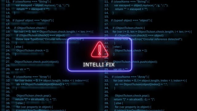 Cybersecurity warning alert with neon warning sign and programming code background, for software development