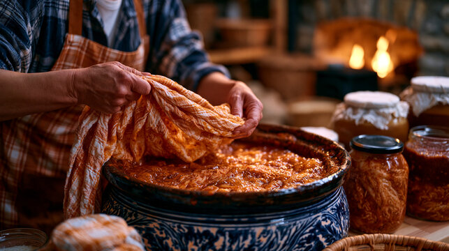 Artisan fermenter in a Brooklyn cellar carefully lowering a cloth into a large ceramic crock of bubbling kimchi, surrounded by labeled jars of kefir and miso, illustrating daily probiotic fermented 