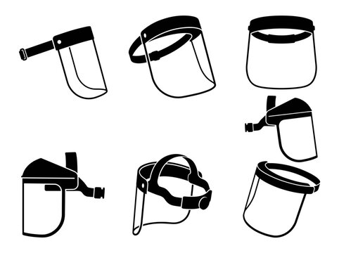 vector Collection of various face shield designs for protection and safety in different industrial and medical applications Silhouette