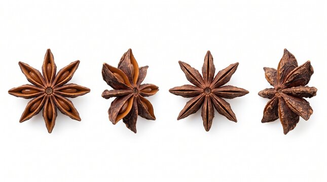 Star anise elements for gourmet cuisine, herbal products, holiday recipes and spice branding. Isolated on White background.