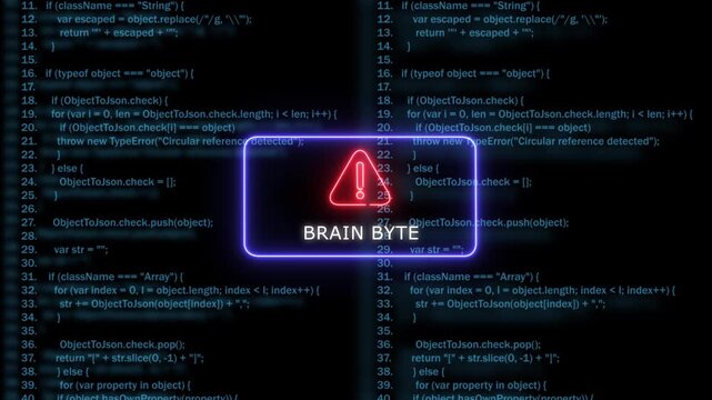 Brain byte neon warning sign over scrolling programming code background, for tech and, software development concepts