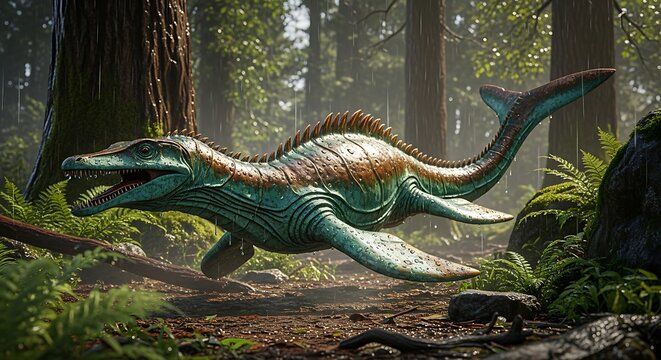 Surreal aquatic creature swimming through a mystical ancient forest.