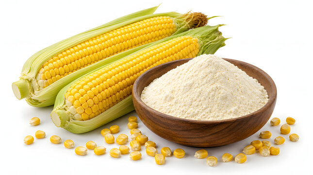 Two fresh corn cobs with green husks next to a wooden bowl of white maize starch and scattered kernels on a clean white background.