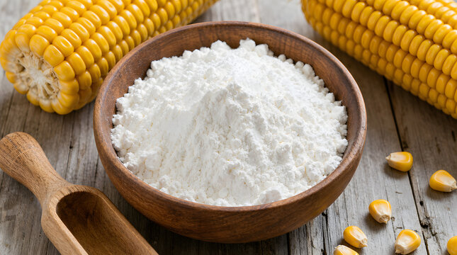 Fine white corn starch is piled in a wooden bowl surrounded by fresh corn cobs and kernels on a rustic wooden table.