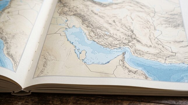 An open atlas displaying a detailed physical map of the Persian Gulf region with mountains and water.