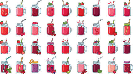 Fresh fruit smoothie jars and healthy berry milkshakes bundle, flat vector illustrations selection set © Akramul