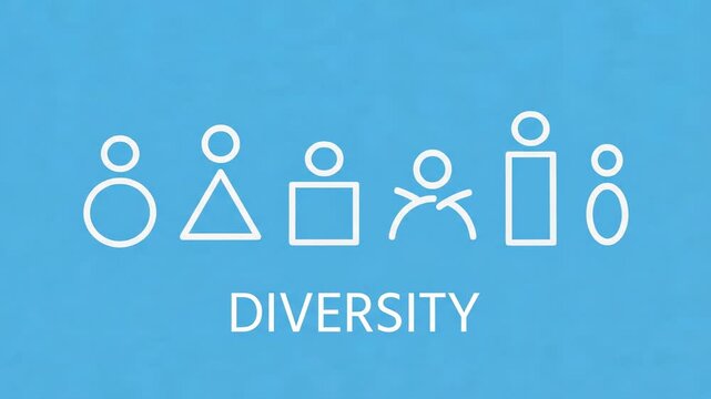 Six white outline human icons arranged in centered horizontal row on soft blue background, with uppercase word diversity below, creating clean flat composition for inclusion, teamwork, community