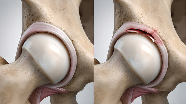 Hip labral tear comparison medical illustration showing normal hip joint versus acetabular labrum flap tear, realistic anatomy cutaway for orthopedic education, radiology, healthcare, patient