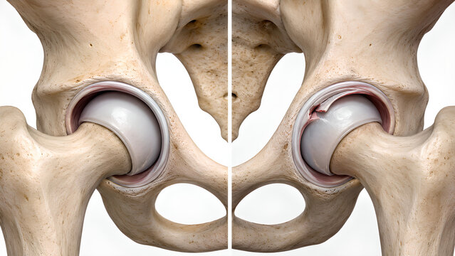 Hip labral tear comparison medical illustration showing normal hip joint versus acetabular labrum flap tear, realistic anatomy cutaway for orthopedic education, radiology, healthcare, patient