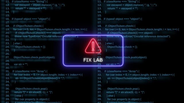 Neon fix lab warning sign over scrolling software code background, for cybersecurity and, tech concepts