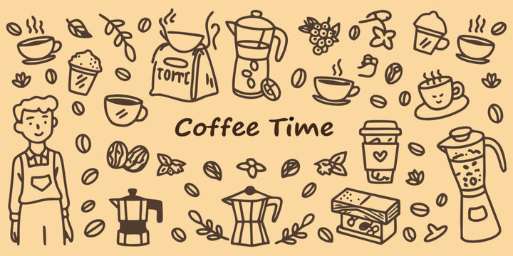 Coffee Time Floral Ornament Hand Drawn Style Beige Background