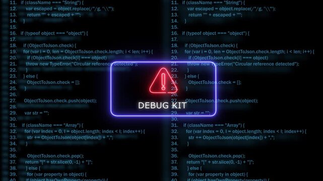 Debug kit neon warning sign over scrolling software source code background, debugging programming coding