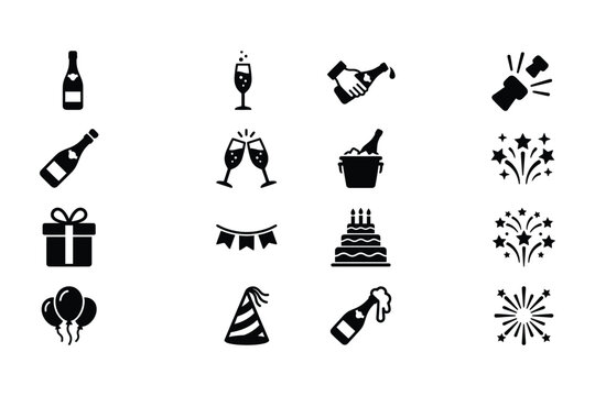 Collection of celebration icons including champagne bottles cake balloons and fireworks.