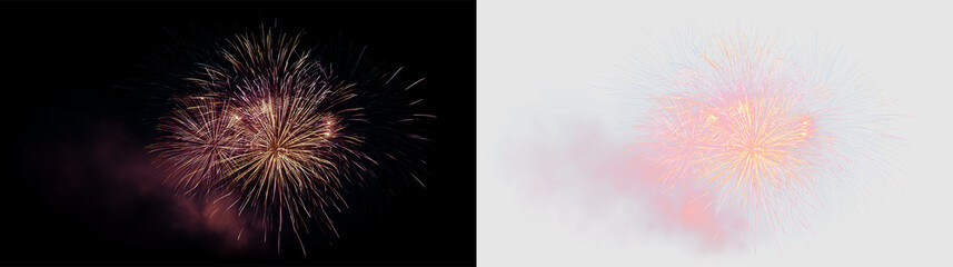 Obraz premium Fireworks display with bright colors bursting in the night sky against a transparent background