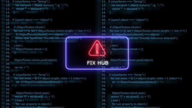 Neon fix hub warning sign over digital programming code background, for software development debugging