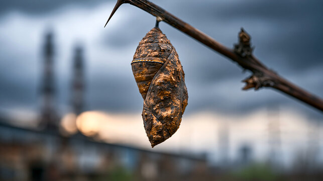 Weathered caterpillar cocoon mounted on dead branch against dramatic overcast sky above abandoned industrial warehouse suggesting organizational transformation change management metamorphosis and co