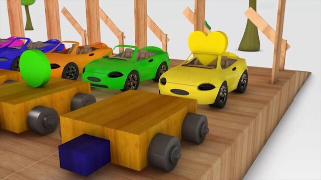 3D Animated Toy Cars Delivering Yellow Heart Shape Block for Kids Learning 4K