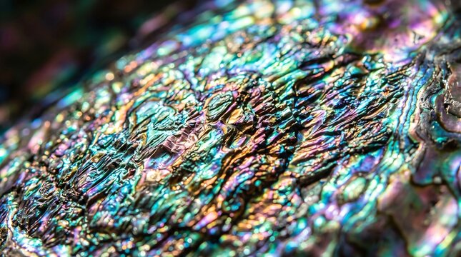 Colorful macro texture of an iridescent shell. Ideal for jewelry websites, abstract backgrounds, and ocean-themed designs.