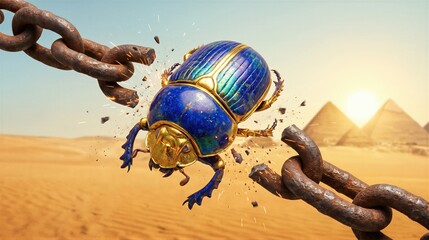 Gold and lapis lazuli scarab beetle breaking iron chain in desert. Symbolic illustration of Egypt Revolution Day. Empowerment, freedom and national liberation from historical oppression.