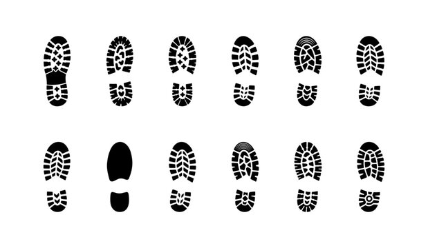 Boot footprint icon set with various shoe sole tread patterns for forensic investigation and criminal evidence tracking collection isolated on white background symbol of steps and human path walk.