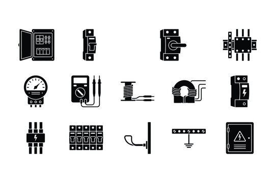 Collection of electrical components and equipment icons.