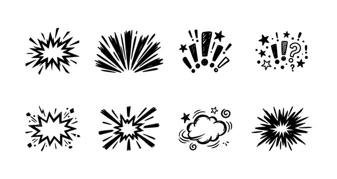 Group of explosion and burst effect illustrations in comic book style for dramatic impact and design accents.