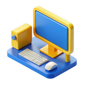 Minimalist 3D desktop computer setup with monitor and as transparent object
