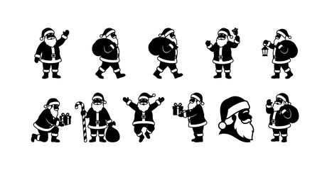 Fototapeta premium Santa claus character silhouette set featuring various poses such as waving walking carrying heavy gift sack ringing handbell holding lantern kneeling offering gift holding candy cane and smiling.