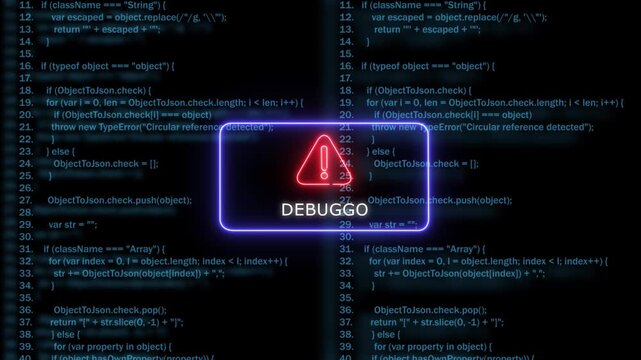 Neon debugging warning sign over software source code background, for programming and, tech concepts coding