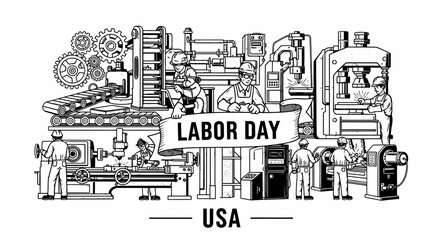 Obraz premium Labor Day USA Industrial Workers Manufacturing Scene Illustration