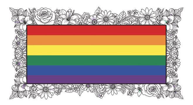 LGBTQ Pride Rainbow Flag with Floral Frame Illustration