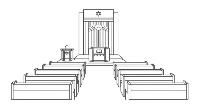 Line Art Illustration of a Synagogue Interior with Benches and Bimah