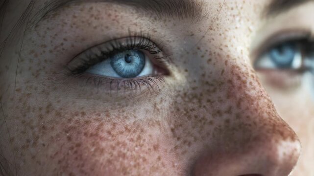 A detailed portrait with focus on the individual's eye area and freckled skin
