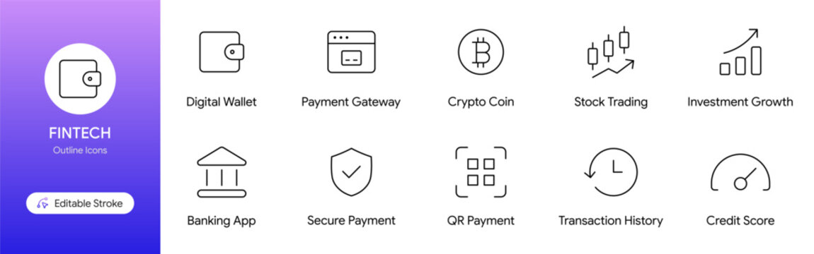 Fintech outline icons set including digital wallet, payment gateway, and crypto coin vector illustration