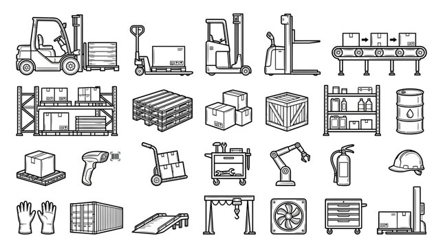 Warehouse Logistics and Industrial Equipment Line Icons Set