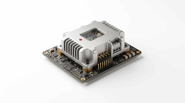 Electronic IoT device with metal heatsink on a circuit board in studio lighting