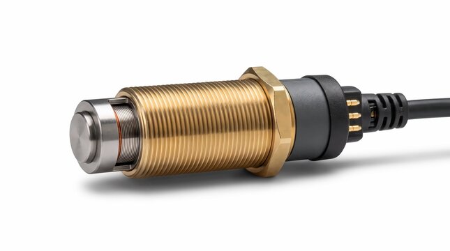 Close up of an industrial inductive proximity sensor with a threaded metal body