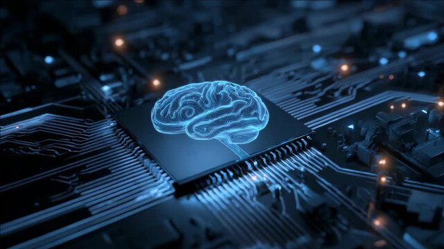 An artistic representation of a circuit board where the central integrated circuit is replaced by an of a human brain, suggesting advanced intelligence or artificial consciousness.