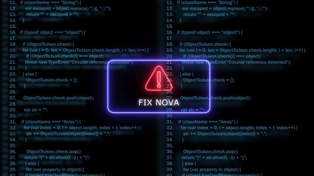 Digital error warning: fix nova alert on programming code background, coding software development