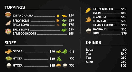 Naklejka premium Modern restaurant menu toppings sides drinks and prices displayed