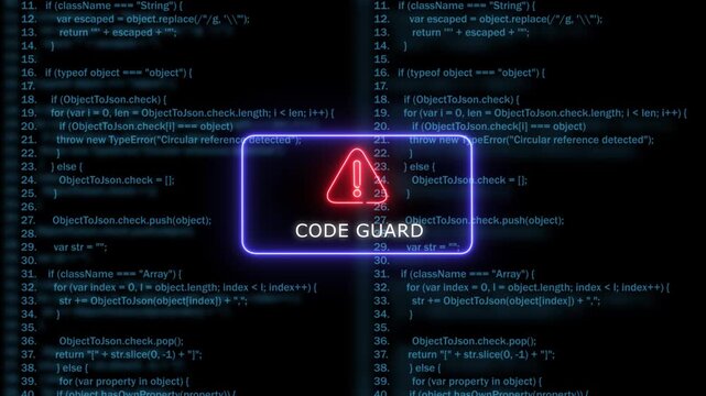 Code guard warning sign over digital software source code background, for cybersecurity concept, software development