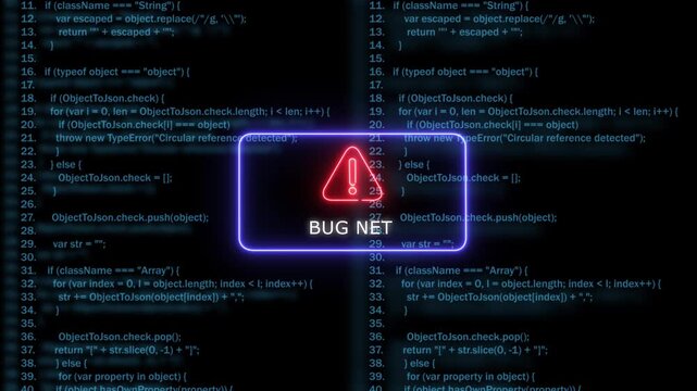 Cyber security warning: neon bug net alert over glowing software source code background