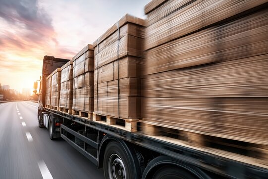 A large truck carrying many stacked boxes on pallets, driving on a highway during a beautiful sunset.