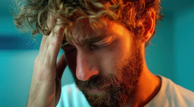 Un homme jeune aux cheveux ondul&eacute;s et &agrave; la barbe, les yeux ferm&eacute;s et la main pos&eacute;e sur son front, concept de stress et de fatigue professionnelle.