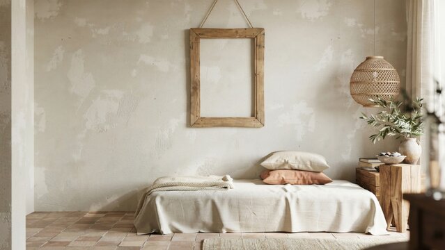 Empty wooden frame above a daybed in a rustic neutral bedroom