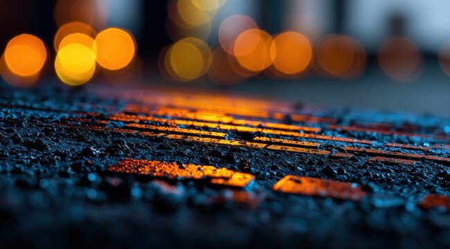 Une surface sombre et textur&eacute;e avec des motifs rectangulaires et lin&eacute;aires orange et bleus, silhouette d'une ville et lumi&egrave;res avec effet bokeh floues en arri&egrave;re-plan.