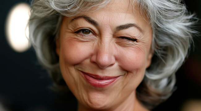 Une femme senior aux cheveux gris et ondul&eacute;s regardant directement la cam&eacute;ra, souriant, clin d'&oelig;il malicieux, portrait en gros plan.