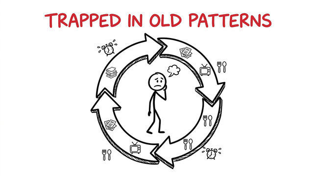 stick figure trapped in circular loop of old patterns