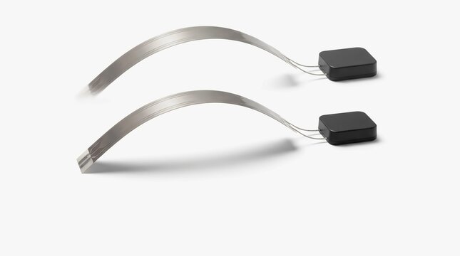 Two electronic sensor components with flexible ribbon cables on white background